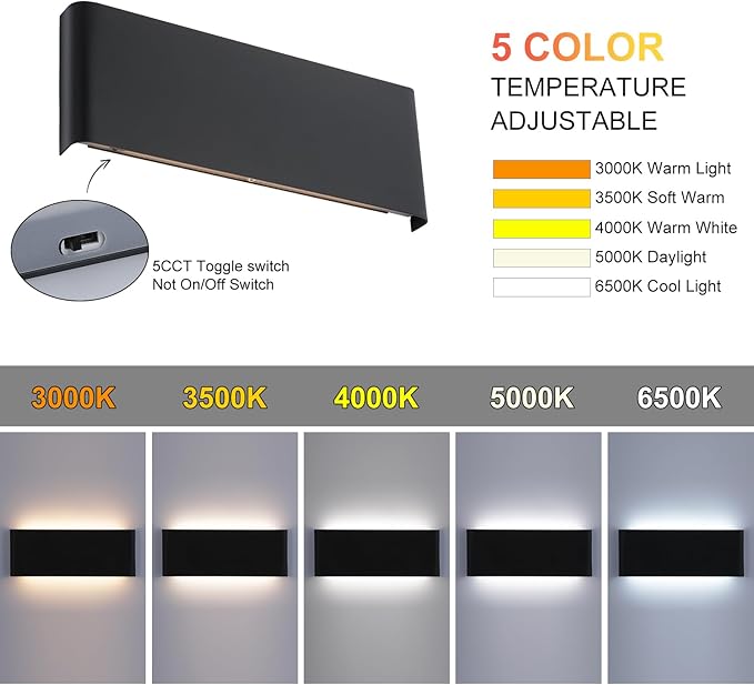 Bathroom Vanity Light, 20W Dimmable LED Wall Lamp, 5 CCT Adjustable（3000K-6500K, 2 Pack Black Modern Wall Sconce lamp,Up and Down Wall Lighting for Bedroom, Above Dressing Table