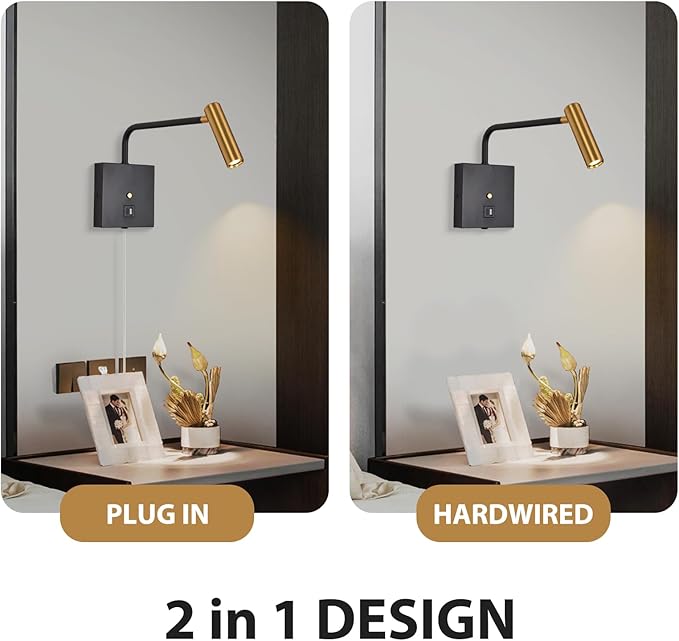 ZEROUNO LED Wall Lamp Wall Mounted Reading Lights, Dimmable Adjustable Headboard Plug in Wall Sconce with USB C+A Ports, Indoor LED Wall Lighting for Bedroom Bedside 3000K 2 Pack