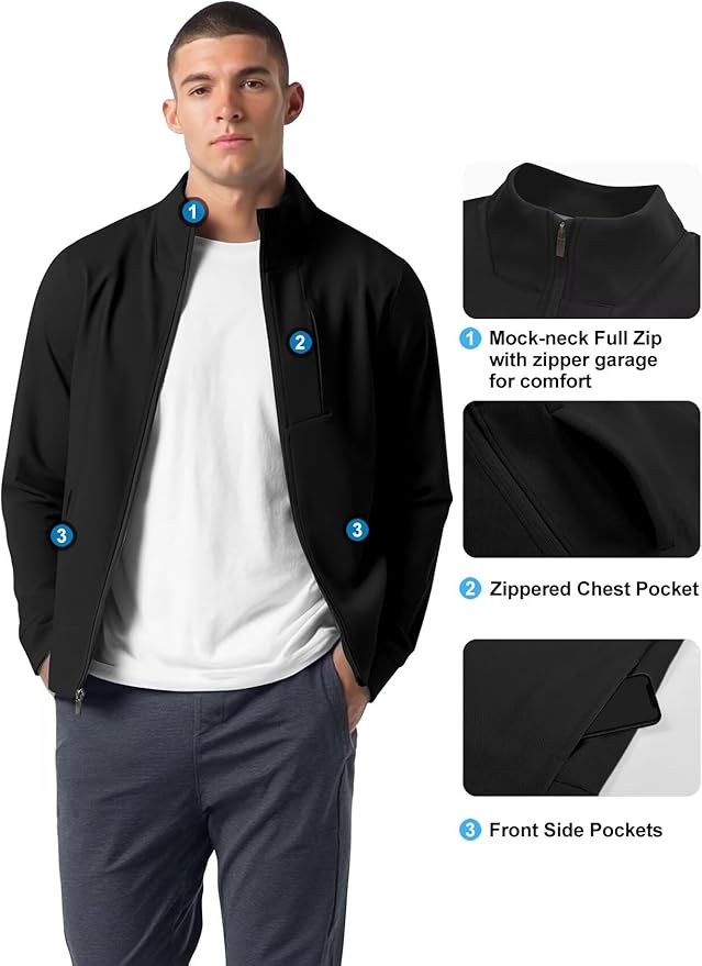 Zengjo Men's Track Jackets Full-Zip Athletic Jacket Sweatshirt Mock Neck with Zipper Pockets