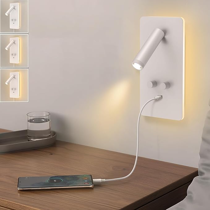 M04 Dimmable Wall Mounted Sconces Reading Light Bedside Lamp with USB Port Headboard Plug in Hardwire Wall Lamps Sconces Adjustable Headboard 0.9-3.7 Spotlight + 1.2-6W Backlight