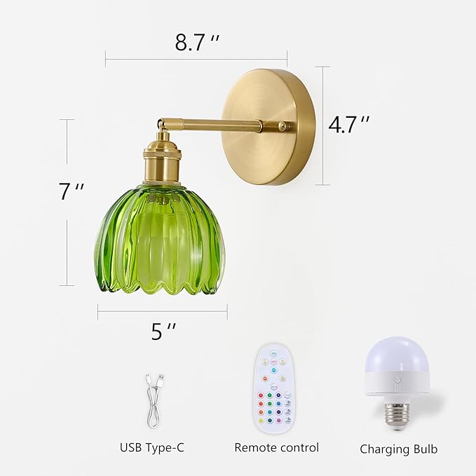 Vintage Battery Operated Wall Sconce 2 Pack, Green Tulip Glass Shade Gold Wall Lamp with 12 Inch Cable Switch, Modern Bathroom Wall Sconces Set of Two for Bedroom Corner Hallway