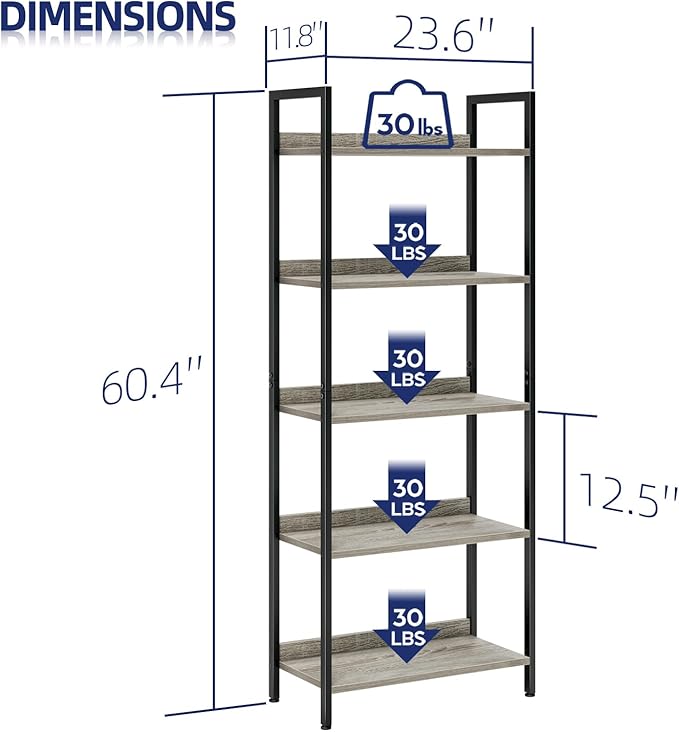 NUMENN Bookshelf, 5 Tier Bookshelfs, Home Office Bookcase Shelf Storage Organizer, Free Standing Storage Shelving Unit for Bedroom, Living Room and Home Office, Gray