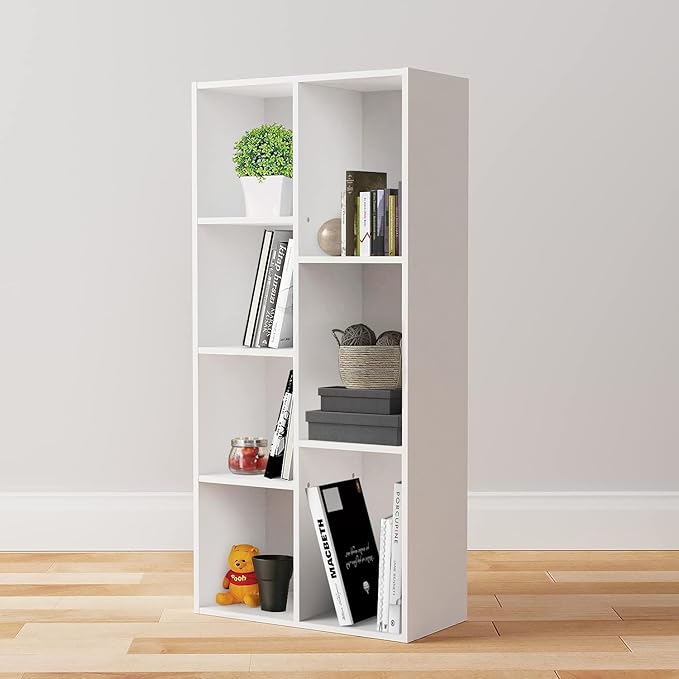 Amazon Basics 7 Cube Organizer Bookcase Shelf, Storage for Home and Office, 9.25"D x 19.49"W x 41.73"H, White