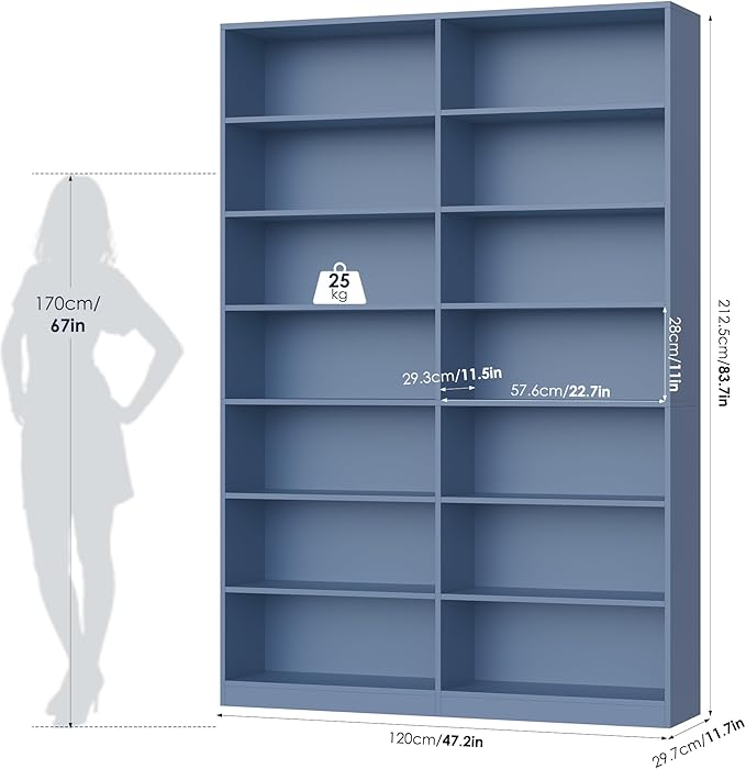 83.6" Tall Bookshelf and Bookcase, 7-Tier Extra Large Bookshelf with Double Storage, 14 Open Display Shelves for Home Office, Study and Living Room, Blue