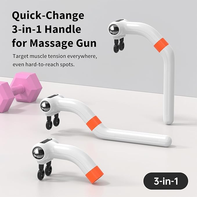Dual-Head Massage Gun Deep Tissue with 3-in-1 Detachable Extension Handle, Handheld Percussion Back Massager for Muscle Neck Shoulder Body Pain Relief - 6 Speeds Levels (White)