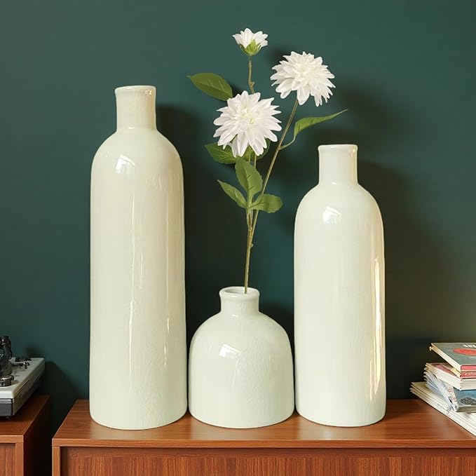 White Crackle Glaze Ceramic Vase Set 3-Piece – Home Decor Modern Decorative Vases Ideal Shelf Decor/Table/Living Room/Kitchen/Office Ideal for Pampas Grass & Floral Arrangements for Flowers
