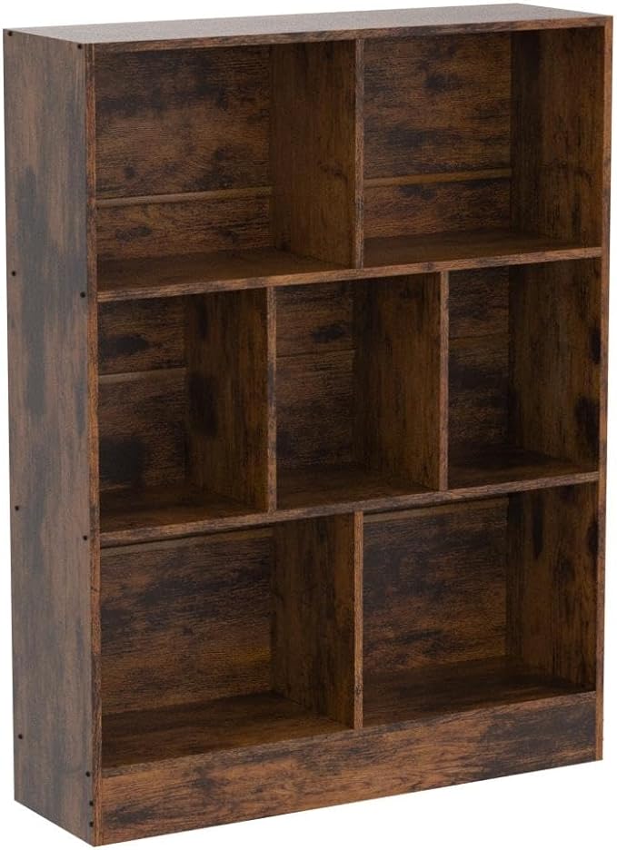 LEYAOYAO 7 Cube Bookshelf with Base,3 Tier Mid-Century Modern Brown Bookcase,Standing Wide Bookshelfs Storage Organizer Shelf,Rustic Wood Display Cabinet Book Shelves for Bedroom,Living Room,Office