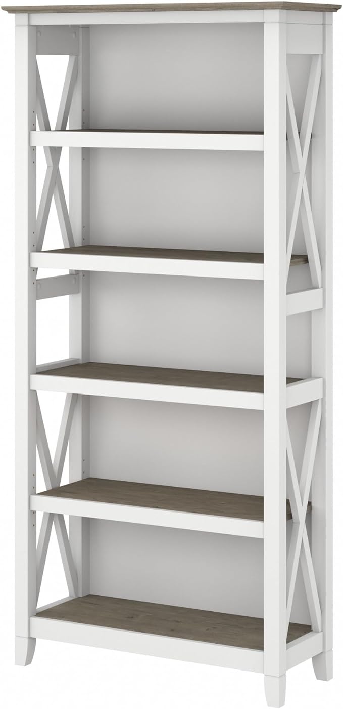 Bush Furniture Tall 5 Shelf Bookcase for Living Room or Home Office, Large Bookshelf, Modern Farmhouse Style, Key West Collection, Pure White and Shiplap Gray