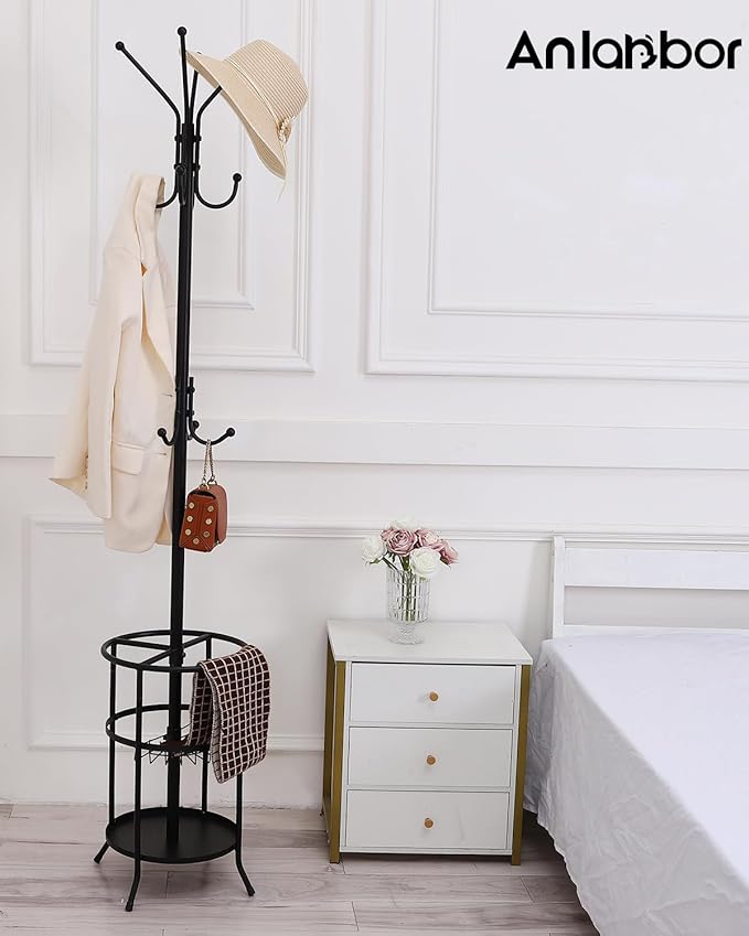 Metal Coat Rack, Freestanding Coat Rack Stand with Umbrella Holder, Coat Tree with 12 Hooks for Clothes Hats Bags, Modern Coat Hanger Stand for Entryway Living Room Bedroom Office Use, Black