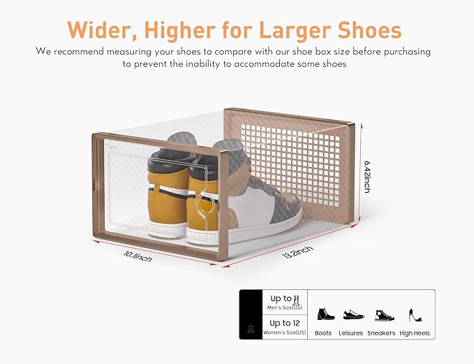 Kuject X-Large Shoe Storage Boxes Organizers for Closet 12 Pack, Fit Size 11,Clear Plastic Stackable Sneaker Containers for Entryway, Space Saving Shoe Rack,Substitute for Drawer Organize Unit, Brown
