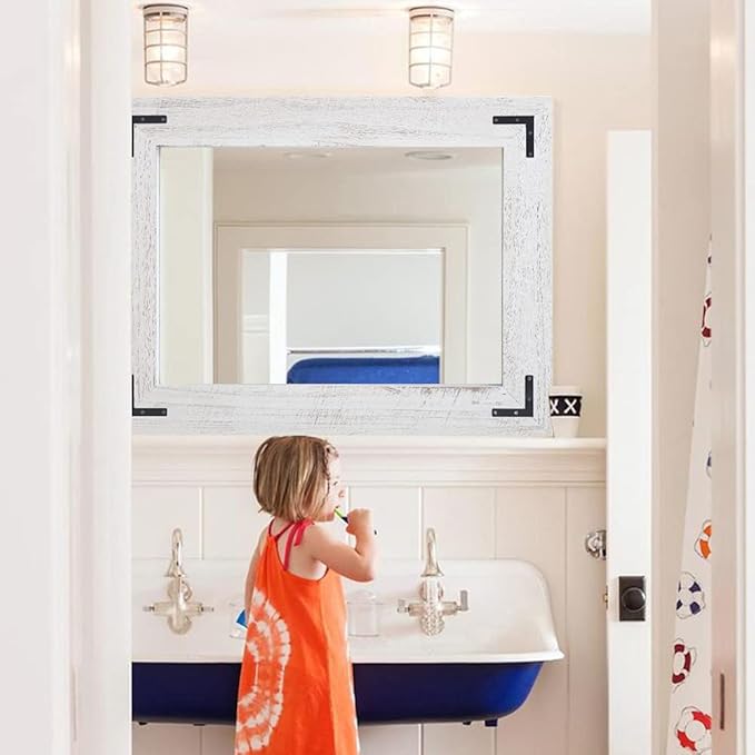 YOSHOOT Rustic Wooden Framed Wall Mirror, Natural Wood Bathroom Vanity Mirror for Farmhouse Decor, Vertical or Horizontal Hanging, 32" x 24",White Gray