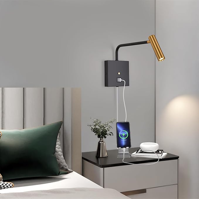 ZEROUNO LED Wall Lamp Wall Mounted Reading Lights, Dimmable Adjustable Headboard Plug in Wall Sconce with USB C+A Ports, Indoor LED Wall Lighting for Bedroom Bedside 3000K (Black)