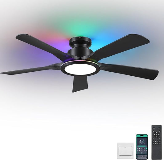 Ceiling Fans with Lights and Remote/APP Control, 52" Low Profile Flush Mount Ceiling Fan with Dimmable RGB Ring Light, 5 Reversible Curved Blades 3 CCT 6 Speeds for Bedroom Party, Black