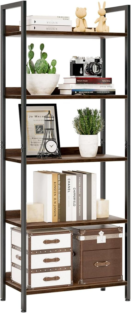 NUMENN Bookshelf, 5 Tier Bookshelfs, Home Office Bookcase Shelf Storage Organizer, Free Standing Storage Shelving Unit for Bedroom, Living Room and Home Office, Dark Walnut