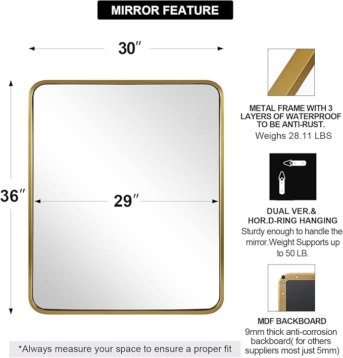 ANDY STAR Gold Bathroom Mirror for Wall, 30x36'' Brushed Gold Rounded Rectangle Mirror for Vanity in SUS304-Anti-Rust, Wall-Mounted Horizontal/Vertical 1'' Deep
