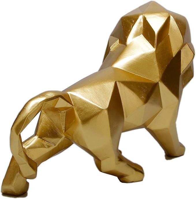 Golden Lion Sculpture - Abstract Geometric Animal Statue for Coffee Tables, Bookshelf Niches - Resin Lion Figurines Home Decor Crafts Ornaments