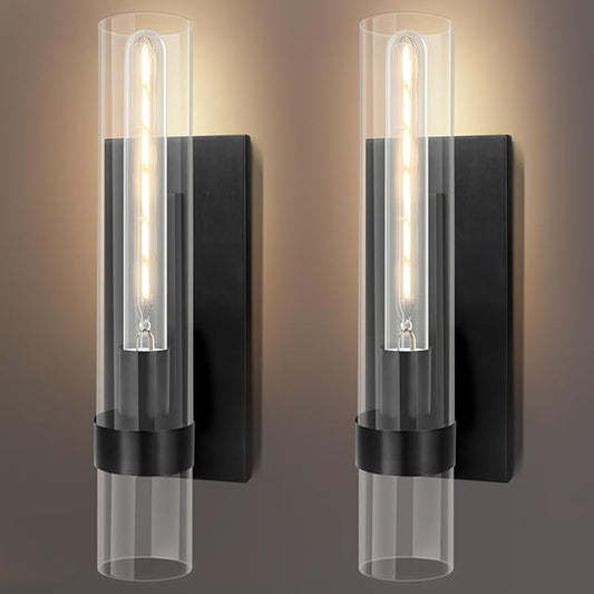 Wall Sconces Set of Two,18" Sconces Light Fixture, Black Bathroom Bedside Ligting, Glass Vanity Lights, Indoor Wall Lamps for Bedroom Living Room Hallway Mirror