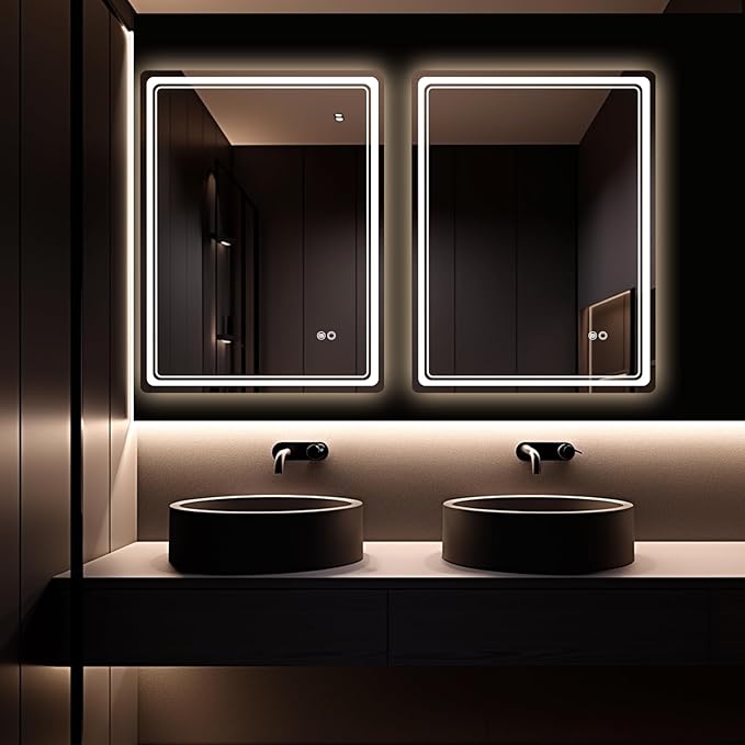 HOMECOOKIN Led Makeup Mirror, 27 x 36 inch Backlit Bathroom Mirror with Anti-Fog, 3 Colors Wall Mounted, Horizontal & Vertical