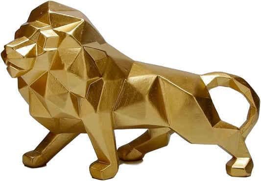 Golden Lion Sculpture - Abstract Geometric Animal Statue for Coffee Tables, Bookshelf Niches - Resin Lion Figurines Home Decor Crafts Ornaments