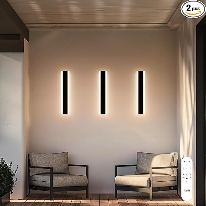 𝗠𝗢𝗗 𝗟𝗜𝗚𝗛𝗧𝗜𝗡𝗚 Haylen | Waterproof Outdoor Wall Light, LED Dimmable with Remote 3000K-6000K, Long Outdoor Porch Lights, Wired Lighting Fixture, Patio Exterior Wall Sconce, 2-Pack (Black, 24")