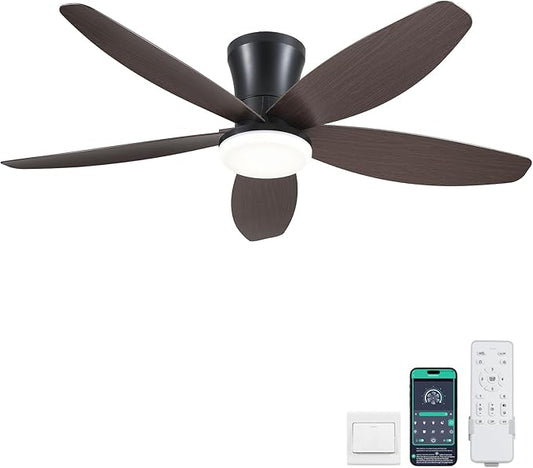 Ceiling Fans with Lights-42 Low Profile Ceiling Fan with Light and Remote/APP Control,Flush Mount,DC Reversible,LED Dimmable Modern Ceiling Fans for Bedroom,Indoor/Outdoor Patio Use(Brown)