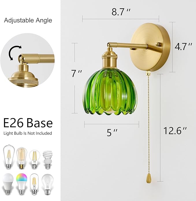 Vintage Wall Sconce 1 Pack, Green Glass Shade Gold Wall Lamp with 12 Inch Cable Switch, Modern Bathroom Wall Sconces for Bedroom Corner Hallway