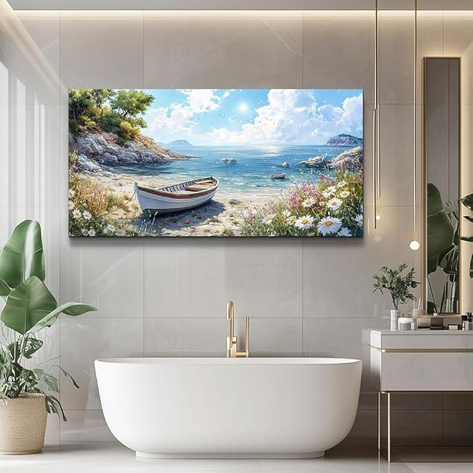 ZUITINGHUA Canvas Wall Art For Living Room Large Wall Decor For Office Bedroom Decorations Seaside Boat Landscape Pictures Farmhouse Painting Artwork Room Wall Mural Aesthetic Home Decor 30x60 In