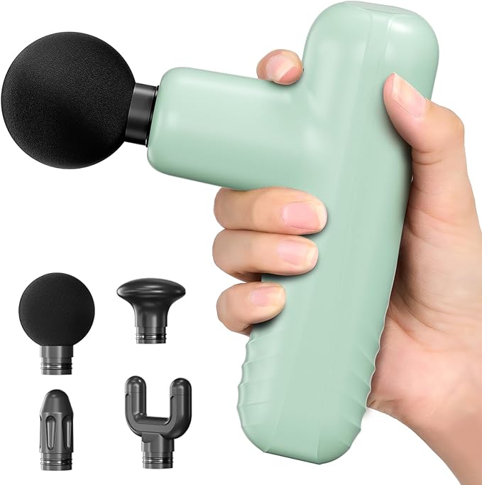 Mini Massage Gun, Powerful Handheld Muscle Massager for Back Pain Relief, Deep Tissue Percussion Small Massage Gun Travel Massager with 4 Massage Heads Silent Brushless Motor, Green