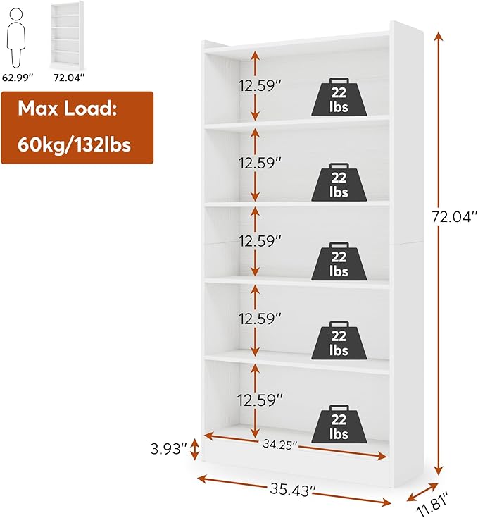 Tribesigns 72-inch Tall Bookcase, Modern 6-Tier White Library Bookshelf with Storage Shelves, Large Open Bookcases Wood Display Shelving Unit for Bedroom Living Room Office