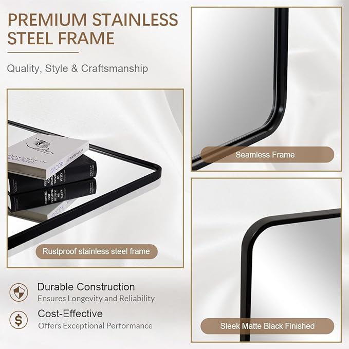 ANDY STAR 30''x48'' Black Bathroom Mirror, Rounded Rectangle Black Metal Framed Bathroom Vanity Mirror for Wall, Iron Tube, 1'' Deep, Wall-Mounted Horizontal/Vertical