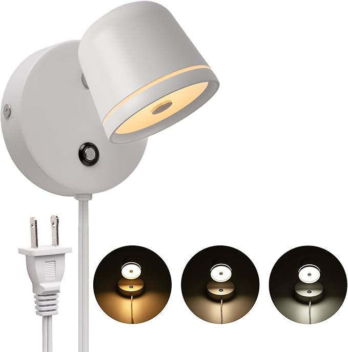 Aisilan LED Wall Sconce with Switch Plug in Dimmable Bedroom Sconce Adjustable Sconce Wall Lighting Angle Anti-Glare Matte White Aluminum Bedside Wall Lights for Living Room 7W White