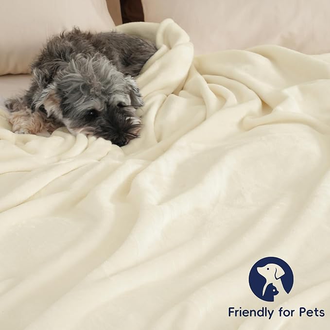 PHF Ultra Soft Fleece Blanket Queen Size, No Shed No Pilling Luxury Plush Cozy 300GSM Lightweight Blanket for Bed, Couch, Chair, Sofa Suitable for All Season, 90" x 90", Cream