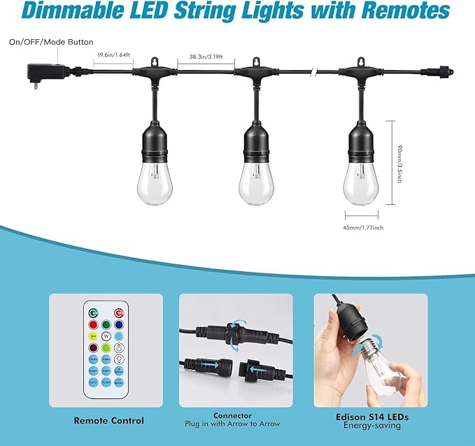 Auroraworld 48FT RGB Outdoor String Lights, Dimmable Color Changing Waterproof LED Patio Lights with Remote, 15 Shatterproof Bulbs for Porch Balcony Garden Party Decor