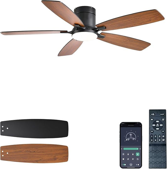 Ceiling Fans with Lights, 52 inch Low Profile Ceiling Fan with Light and Remote Control, Flush Mount, LED Dimmable DC Reversible Modern Ceiling Fan for Bedroom