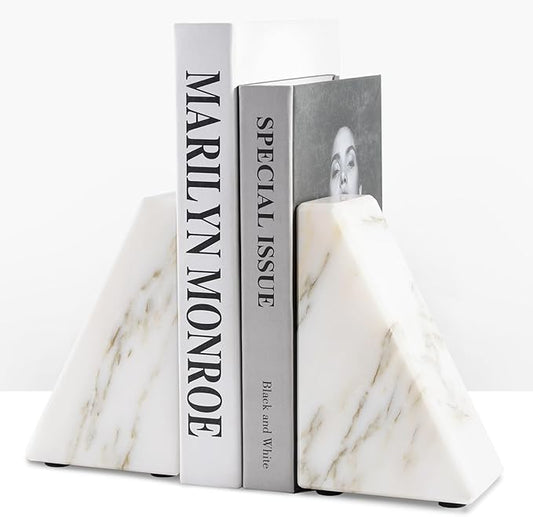 Marble Book Ends White, Heavy Duty Book Ends for Shelves, Decorative Natural Book Stopper，Unique Decorative Bookend for Home Shelves Calacatta Natural Marble Bookend, Set of 2
