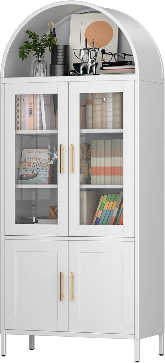 Metal Arched Storage Cabinet, Arch Bookcase with Glass Doors, Modern Freestanding Kitchen Pantry Cabinet for Home Office Bar Living Room (White)