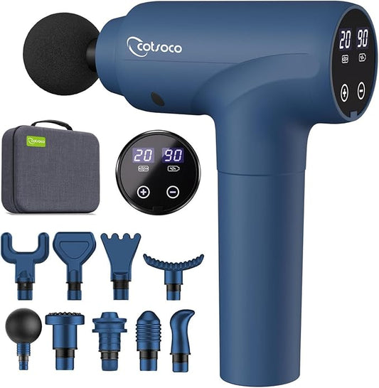 cotsoco Massage Gun Deep Tissue, Muscle Massage Gun with 9 Attachment Heads 20 Speeds & Silent Brushless Motor for Pain Relief, Handheld Percussion Back Massager Gun for Athletes