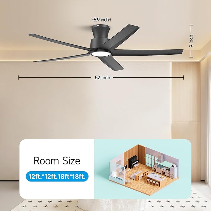 ocioc Smart Ceiling Fans with Lights,52 inch,Reversible Quiet DC Motor,Dimmable,Black Ceiling Fan Compatible with Alexa Google home Indoor/Outdoor