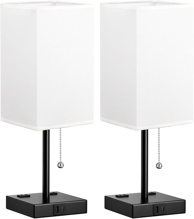 17.4In Tall Table Lamps for Bedroom Set of 2 - 3 Color Bedside Lamps with AC Outlets and USB Ports for Charging, white and Black Square Night Stand light, End DeskLamp for Living Room/Dorm/Office