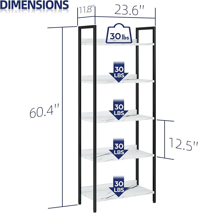 NUMENN Bookshelf, 5 Tier Bookshelfs, Home Office Bookcase Shelf Storage Organizer, Free Standing Storage Shelving Unit for Bedroom, Living Room and Home Office, White Marble