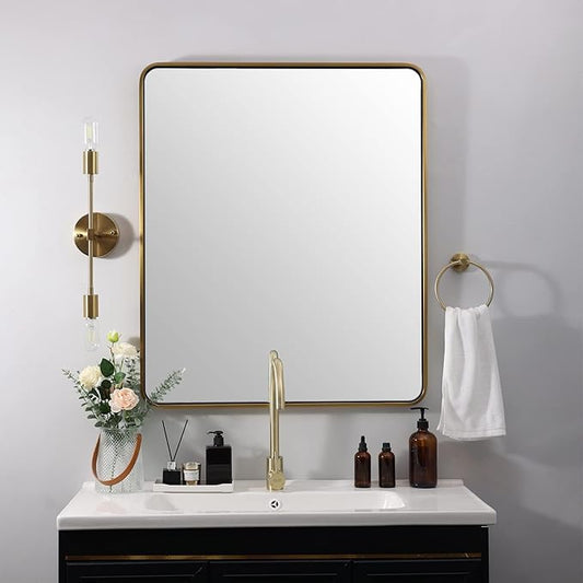 ANDY STAR Gold Bathroom Mirror for Wall, 30x36'' Brushed Gold Rounded Rectangle Mirror for Vanity in SUS304-Anti-Rust, Wall-Mounted Horizontal/Vertical 1'' Deep