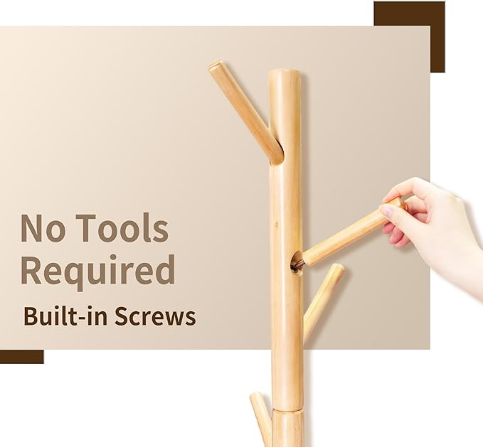 VaeFae Bamboo Coat Rack Stand, Free Standing Hall Tree with 8 Hooks (Natural)