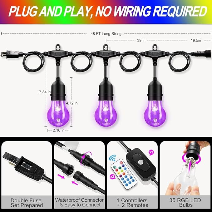 Auroraworld 96FT RGB Outdoor String Lights, Dimmable Color Changing Waterproof LED Patio Lights with Remote &amp; E26 Shatterproof Edison Bulbs for Bistro Backyard Garden Party Decor