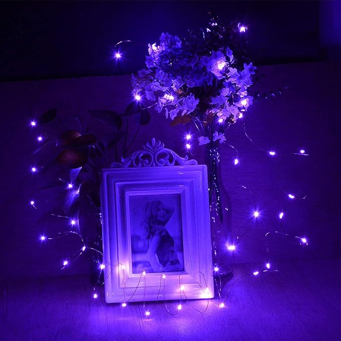 4-Pack 50 LED Fairy Lights Battery Operated with Timer, 16FT Waterproof Halloween String Lights Outdoor Indoor LED Starry Lights for Halloween Parties Bedroom Home Centerpiece DIY Decorations (Purple)