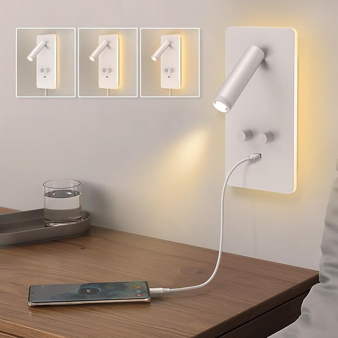M04 Dimmable Wall Mounted Sconces Reading Light Bedside Lamp with USB Port Headboard Plug in Hardwire Wall Lamps Sconces Adjustable Headboard 0.9-3.7 Spotlight + 1.2-6W Backlight