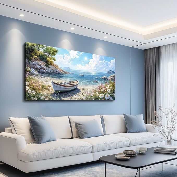 ZUITINGHUA Large Wall Decor For Living Room Canvas Wall Art For Office Modern Wall Decorations For Bedroom Seaside Boat Landscape Painting Farmhouse Pictures Artwork Room Home Decor 24x48 In