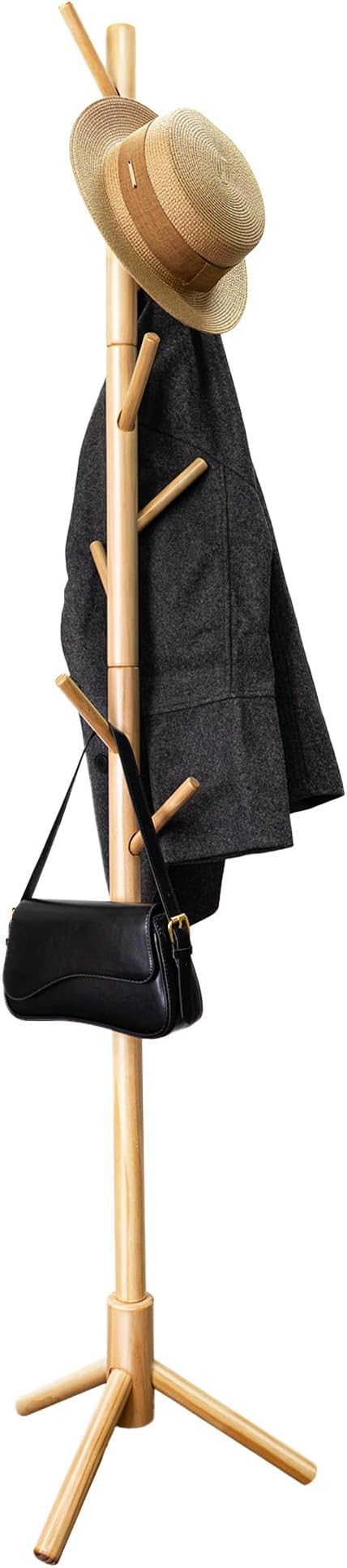 VaeFae Bamboo Coat Rack Stand, Free Standing Hall Tree with 8 Hooks (Natural)