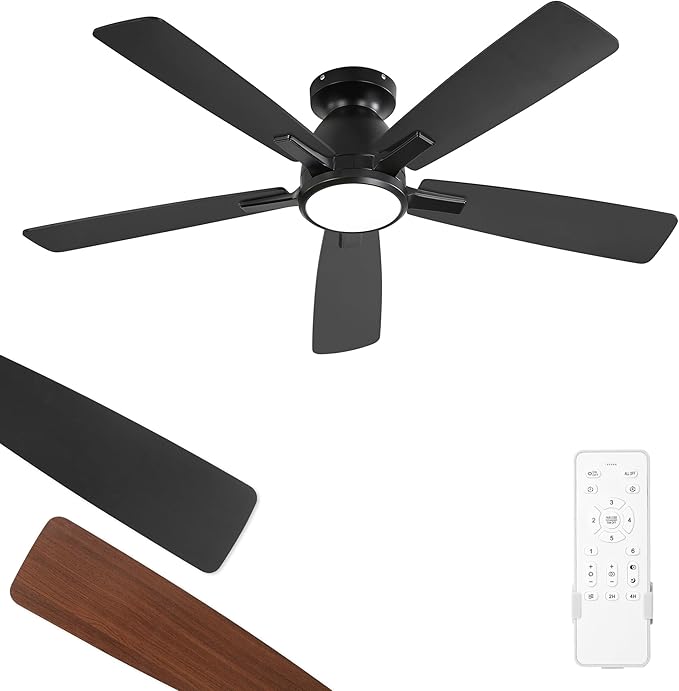 46 inch Ceiling Fans with Lights, Flush Mount Ceiling Fan and Remote, Modern Low Profile, 3CCT 20W LED Light with 6-Speeds Quiet Reversible Motor, for Bedroom, Living Room, Apartment, Black
