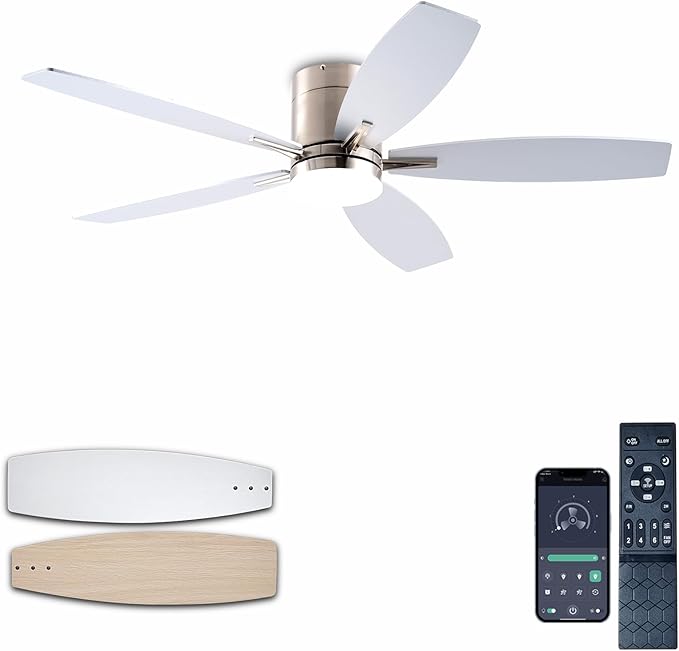 Ceiling Fans with Lights, 52" Low Profile Indoor Ceiling Fan with Light and Remote Control, Dimmable, Noiseless, Reversible, Nickel Ceiling Fan for Bedroom, Indoor/Outdoor Use
