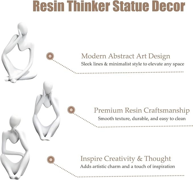 Mingzhang 3pcs Thinker Statue Abstract Art Thinker Figurines White Home Decor for Living Room, Office, Coffee Table, Bookshelf Decoration, Housewarming Gifts